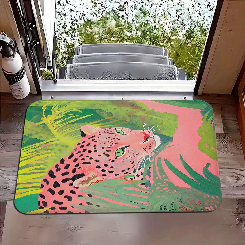 Tropical Pink Leopard Jungle Door Mat, Kitchen Absorbent Carpet, Entrance Non Slip Floor Mat, Home Decoration