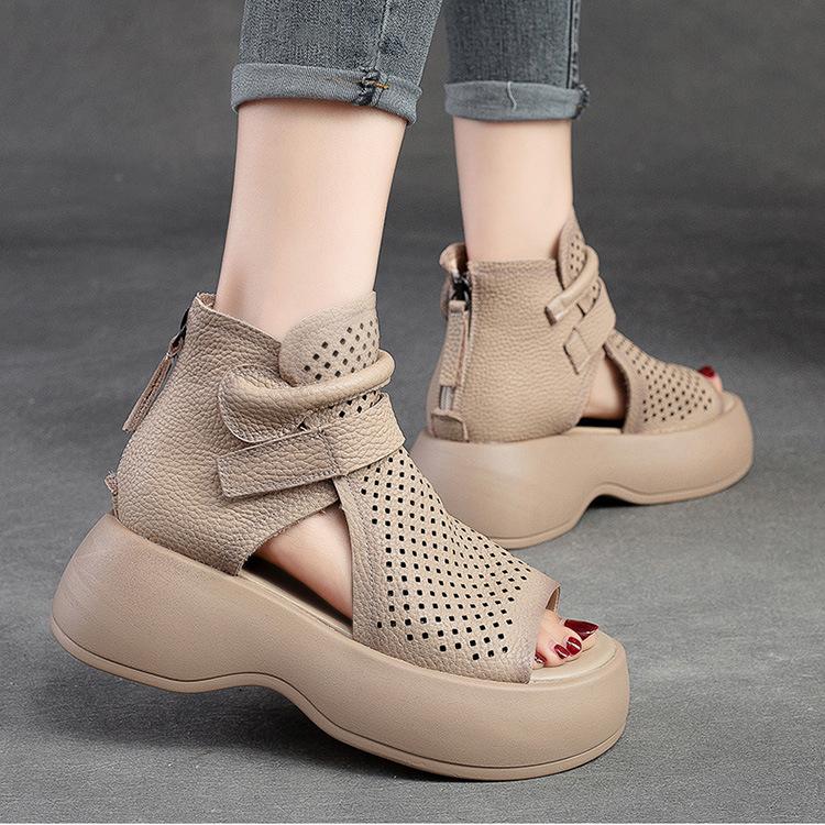 Летние сандалии с открытым носком на толстой подошве, женские дышащие удобные туфли на платформе из натуральной кожи с открытым носком