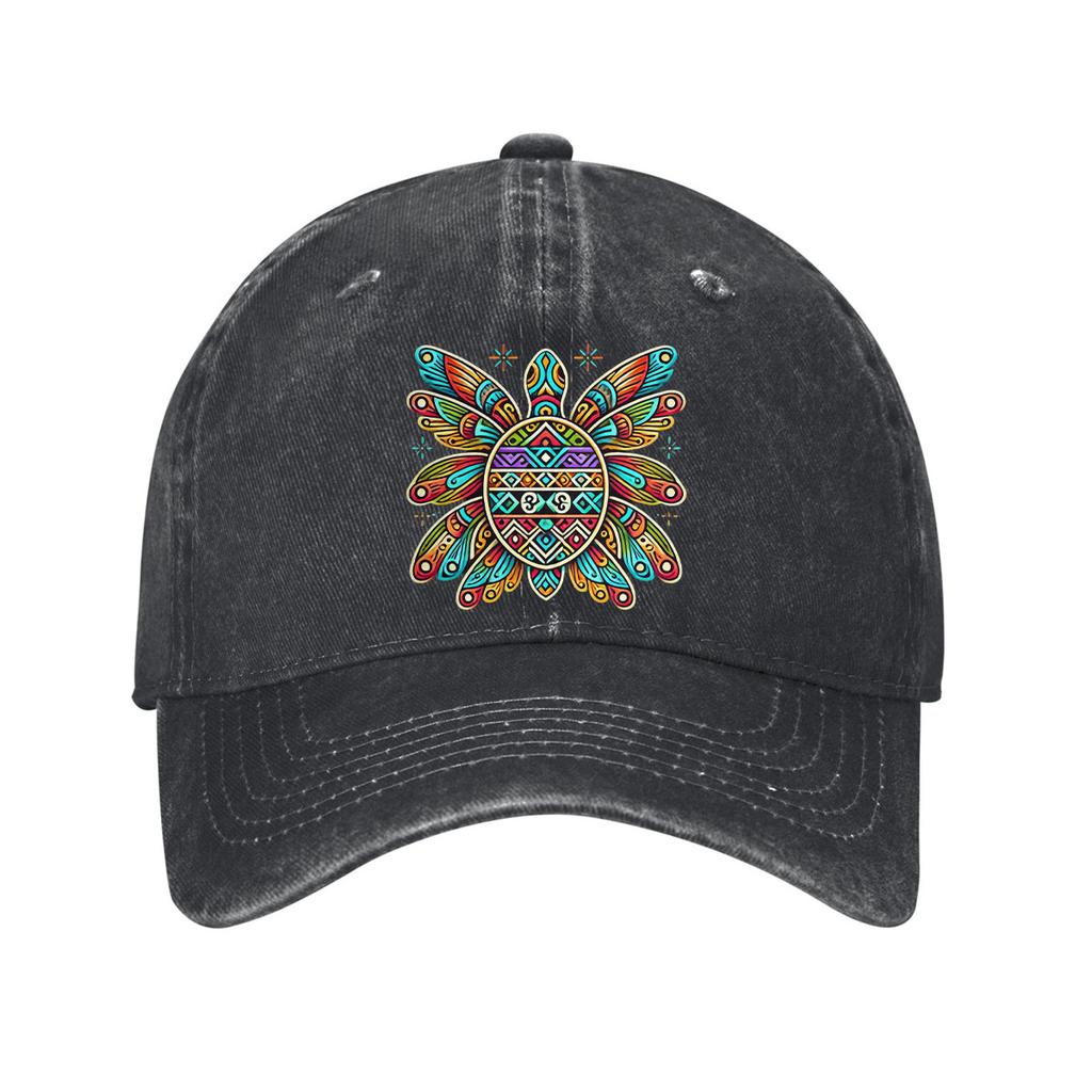 Colorful Tribal Turtle Baseball Cap Washed Denim Dad Hat Adjustable Outdoor Sun Protection Unisex