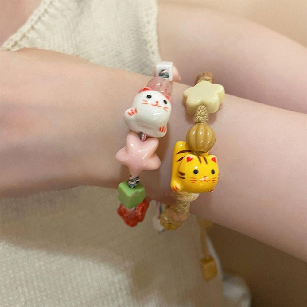 Handmade Maneki Neko Bracelet Korean Style Cat Bead Bracelet Ceramic Cat Bracelet Decoration