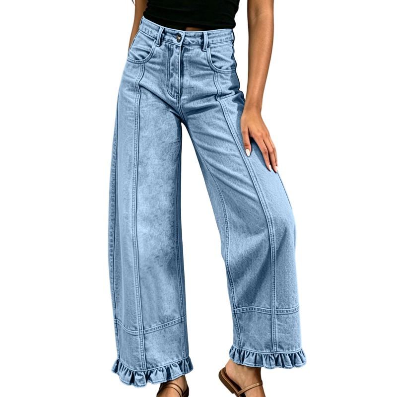 Womens Straight Leg Jeans Ruffled Hems Loose Fit Mid Waist Denim Pants