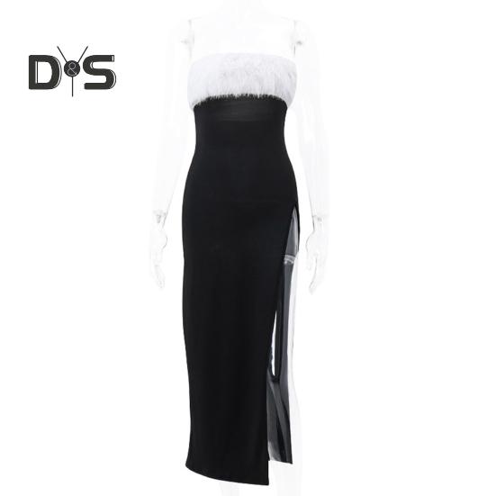 Женское вечернее платье с открытыми плечами, без рукавов, без спинки, без воротника, бандо, пушистый искусственный мех, декор, разрез сбоку, коктейльное вечернее платье-макси, выпускной, топ-платье