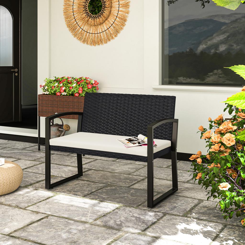 Synthetic Rattan Bench for 2 People 103x58x78 cm with Cushion Inclined Backrest and Galvanized Steel Structure