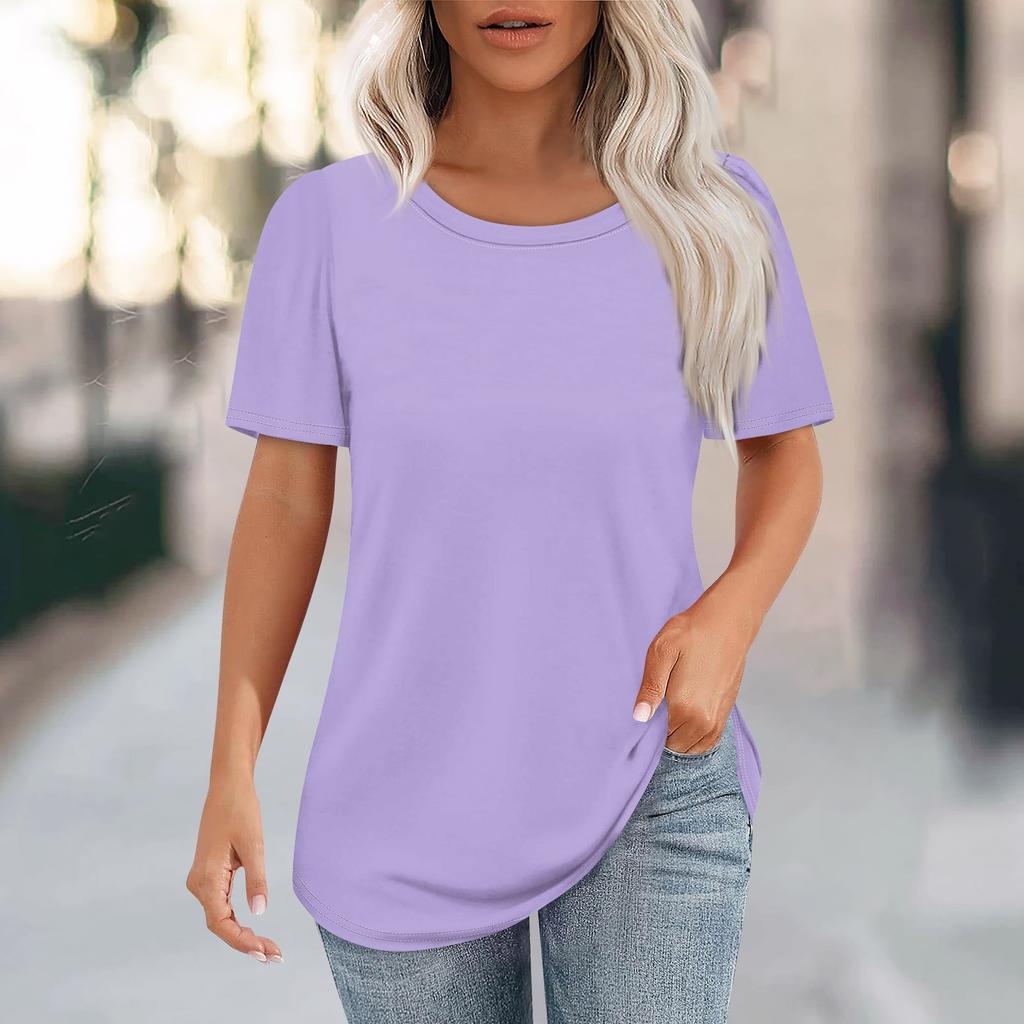 Women's Fashion Casual Solid Color Round Neck Short Sleeve T-shirt Tops