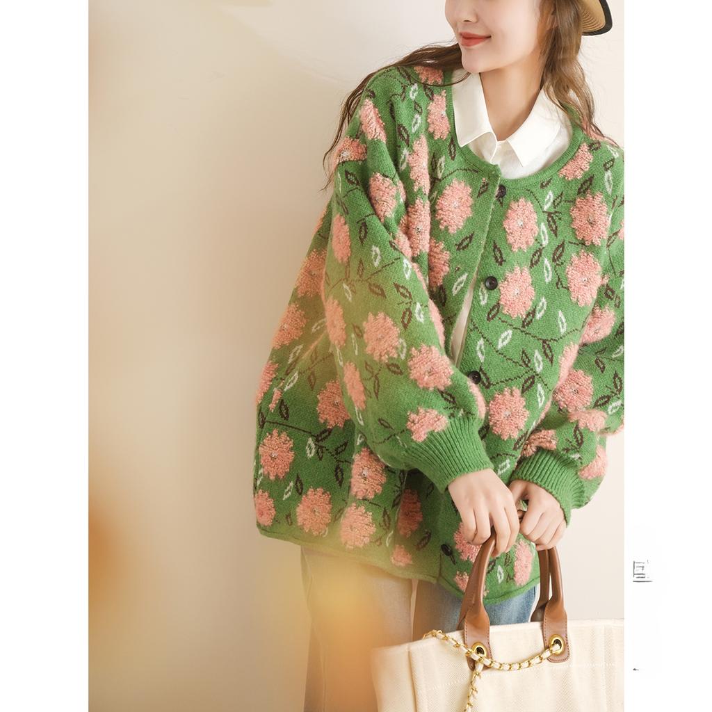 Dimanaf 2025 Winter Sweaters Flower Cardigan Autumn Women Print O-Neck Bat Sweaters Knitting Loose Sweater Green