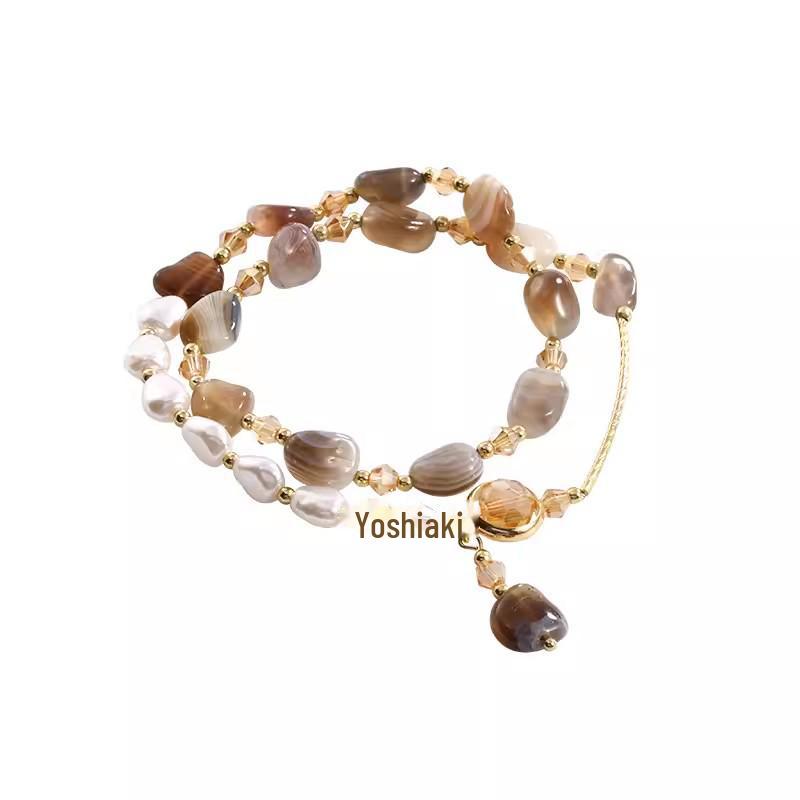 Женский двухслойный браслет из жемчуга и натурального камня: Шикарный ретро-стиль, легкая роскошь, идеально подходит для любого случая.