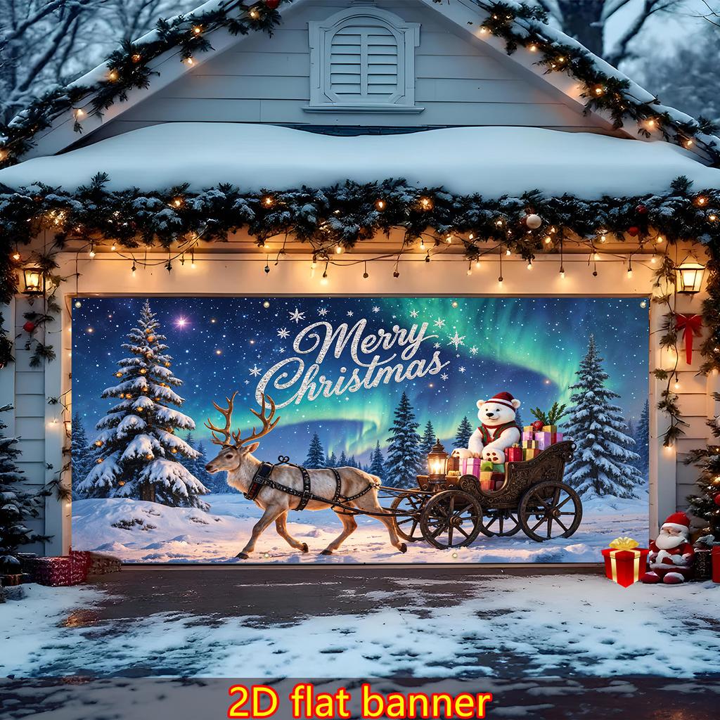 2D Flat Large Christmas Background Banner Aurora Snow Reindeer and Christmas Gifts Car and Horse Scene Decoration