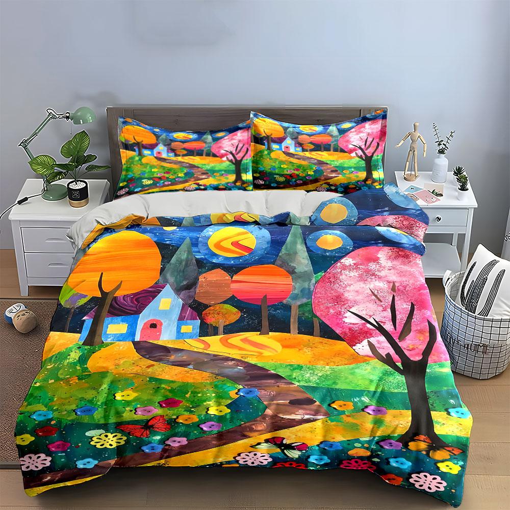 Colorful trees and house. Bedding sets Duvet cover sets Duvet covers Pillowcases(1 * Duvet Cover 2 * Pillowcases without duvet insert)