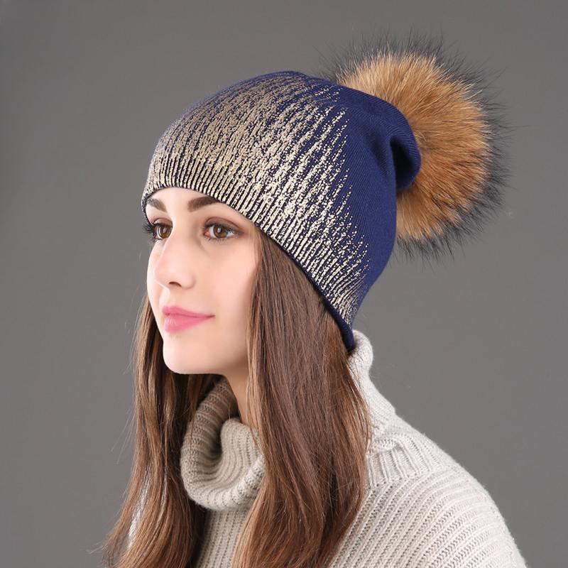 2024 New Winter Beanies Ladies Knitted Wool Warm Hats Fashion Pom Pom Real Raccoon Fur Caps Skullies Hat For Women Print Fur Cap
