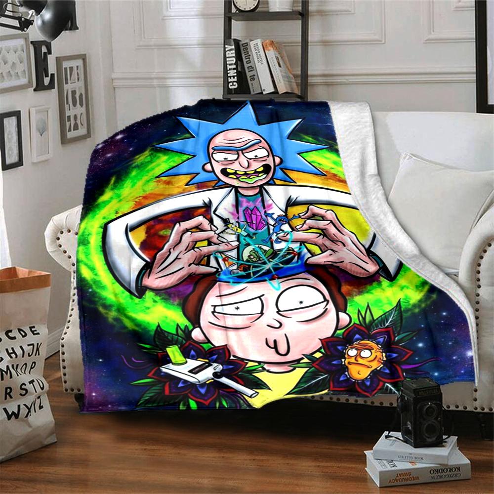 1Pc Psychedelic Rick Morty Adventure Flannel Blanket, Soft And Comfortable, Casual Warm, Camping Travel, Christmas, Halloween Xmas Gift L1511