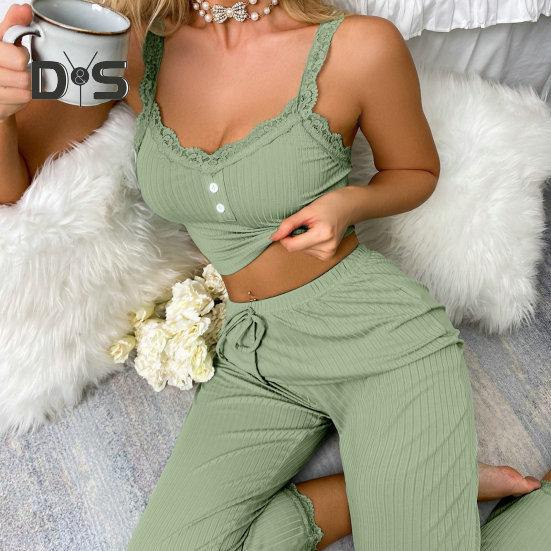 2 Pcs/Set Pants Top Suit Low-cut V Neck Sleeveless Solid Color Shirring Drawstring High Elastic Waist Lace Women Summer Pajamas Set Homewear Tank Top