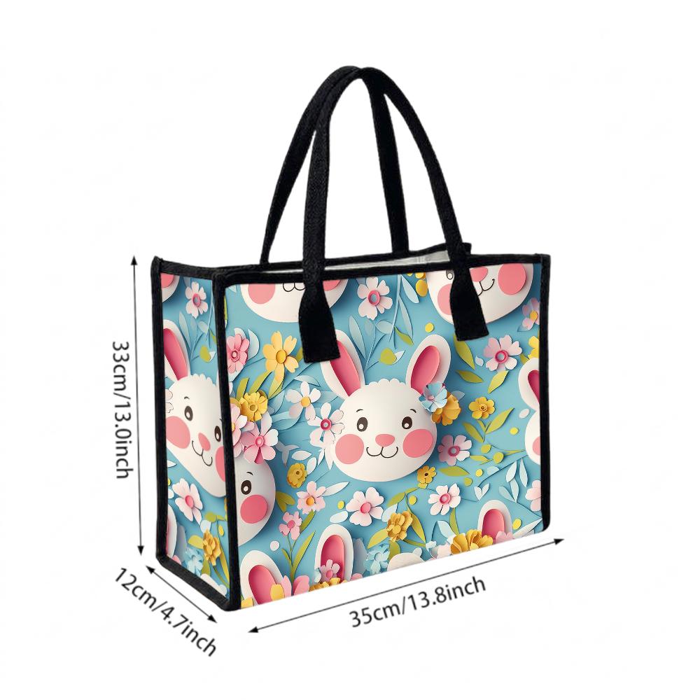 Cute Bunny Floral Tote Bag Portable Casual Handbag for Daily Use
