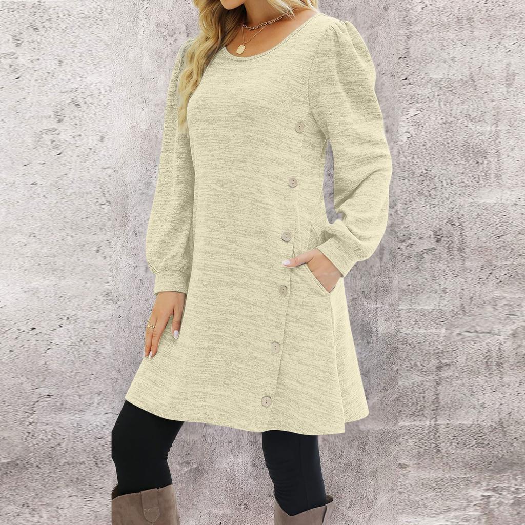 Модное женское повседневное свободное платье с круглым вырезом и пуговицами с длинным рукавом