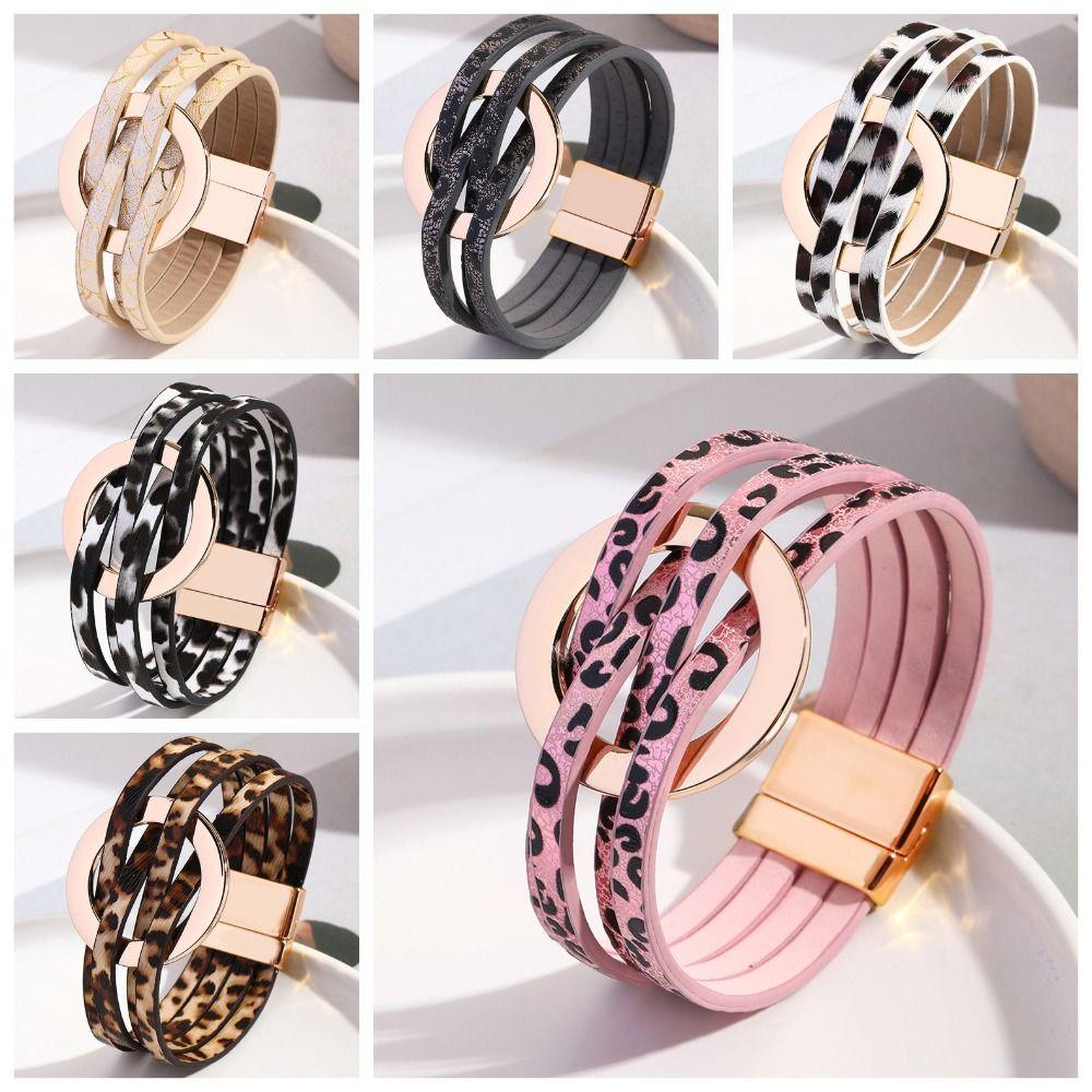 Wide Wrap Leopard Print Leather Bracelets Magnetic Snap Circle Cross Bracelet for Women