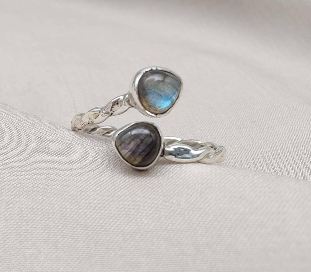 Labradorite Heart Sterling Silver Ring: Adjustable Boho Jewelry