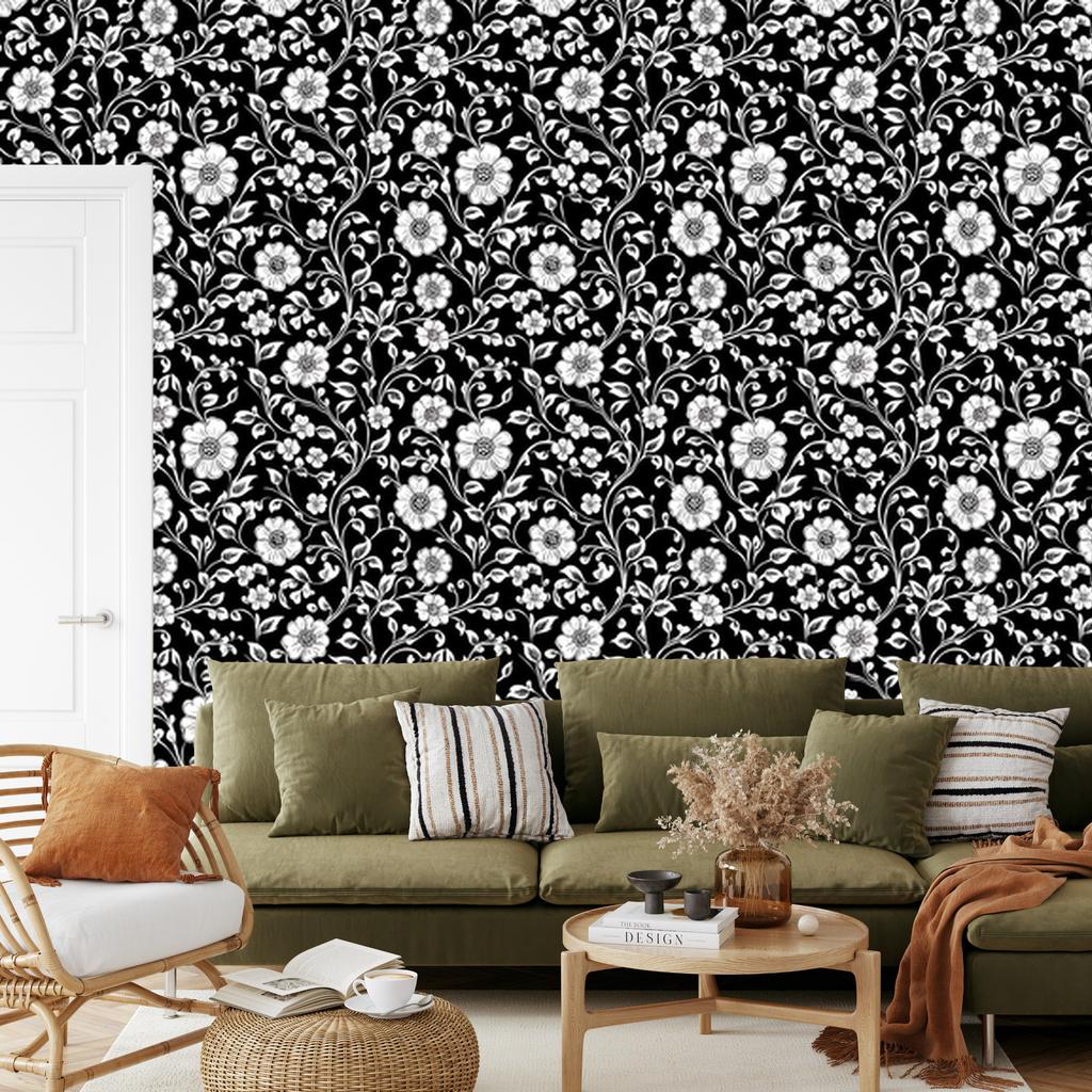 Black and white flowers graphite wallpaper for living room and bedroom 50x1000
