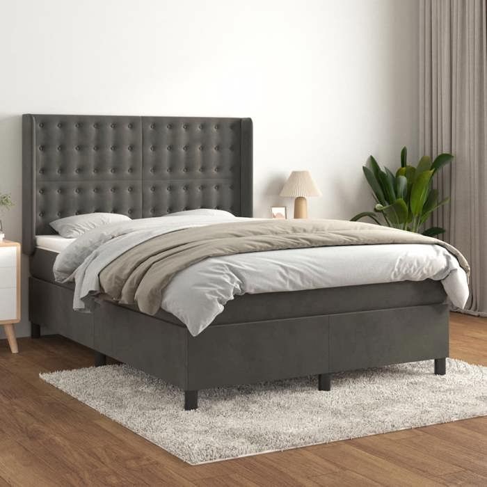 Lit avec sommier et matelas - Maison Exclusive - Velours gris foncé - 140x200cm - Tête de lit réglable