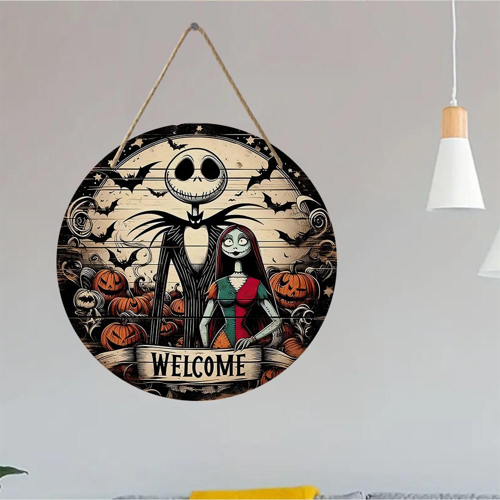 Vintage spooky character design round wooden hanging plaque rustic pumpkin wall decor front door sign aesthetic home holiday decoration party ornament
