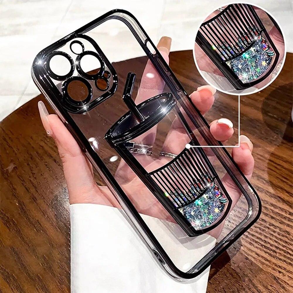 Electroplated Quicksand Liquid Phone Cases For iPhone 11 12 13 14 Pro Max Case Clear Milk Tea Cups Sequins Glitter Back Cover