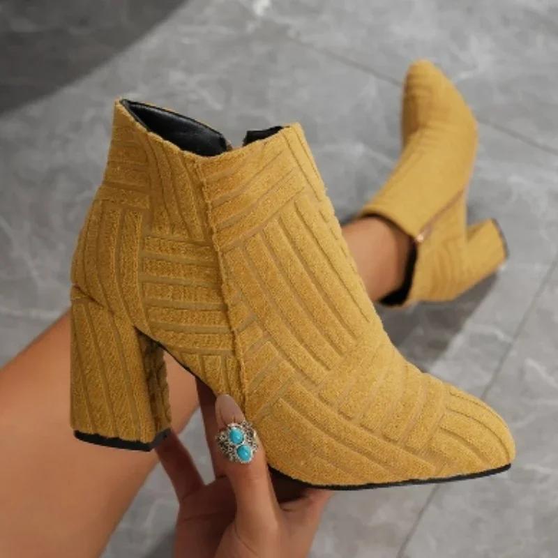 2024 Новые зимние фирменные женские ботильоны с зеленым острым носком, римские сапоги из денима с квадратным каблуком и боковой молнией, сексуальные женские сапоги