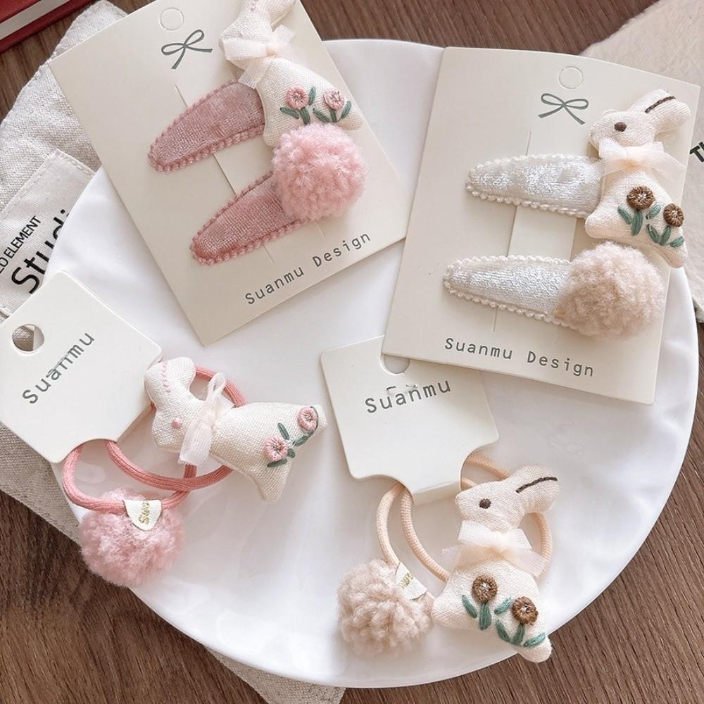 Cartoon Rabbit Side BB Clips Pink Hair Ties Cute Velvet Hair Clips Set for Girls