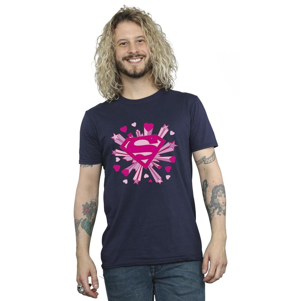 DC Comics Mens Superman Pink Hearts And Stars Logo T-Shirt
