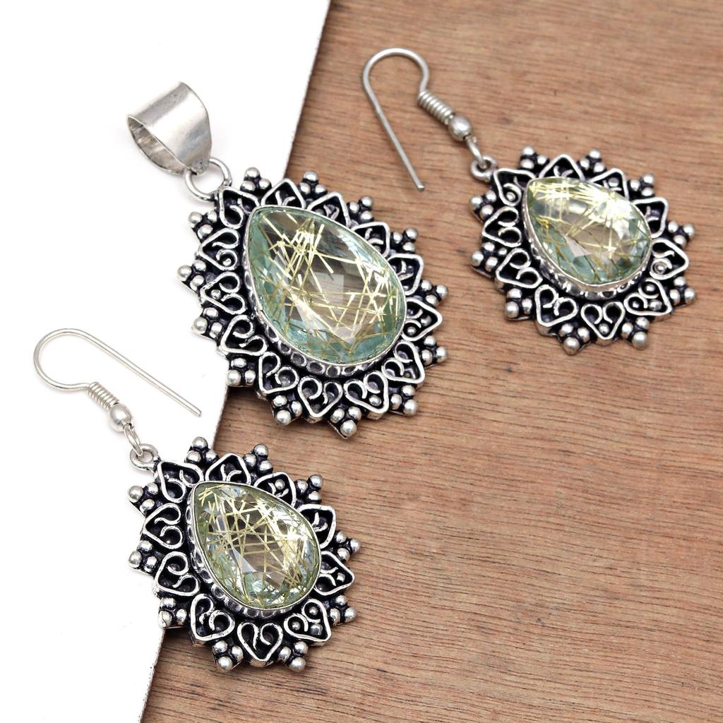 Рутиловый золотой комплект сережек 18-20'' подвеска кварц стерлингового серебра