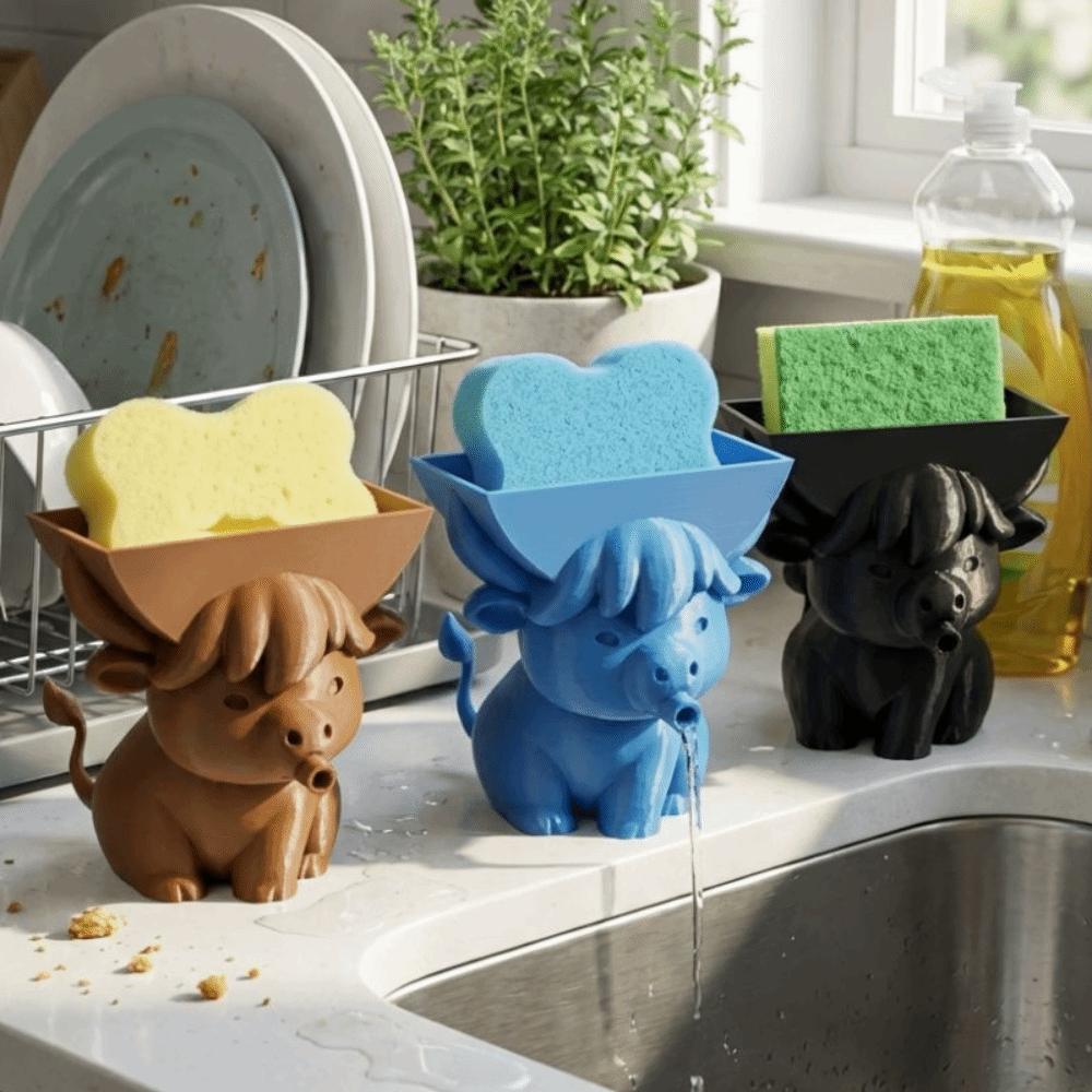 3D Printed Cow Shape Sponge Holder with Drainage Holes Draining Rack Farmhouse