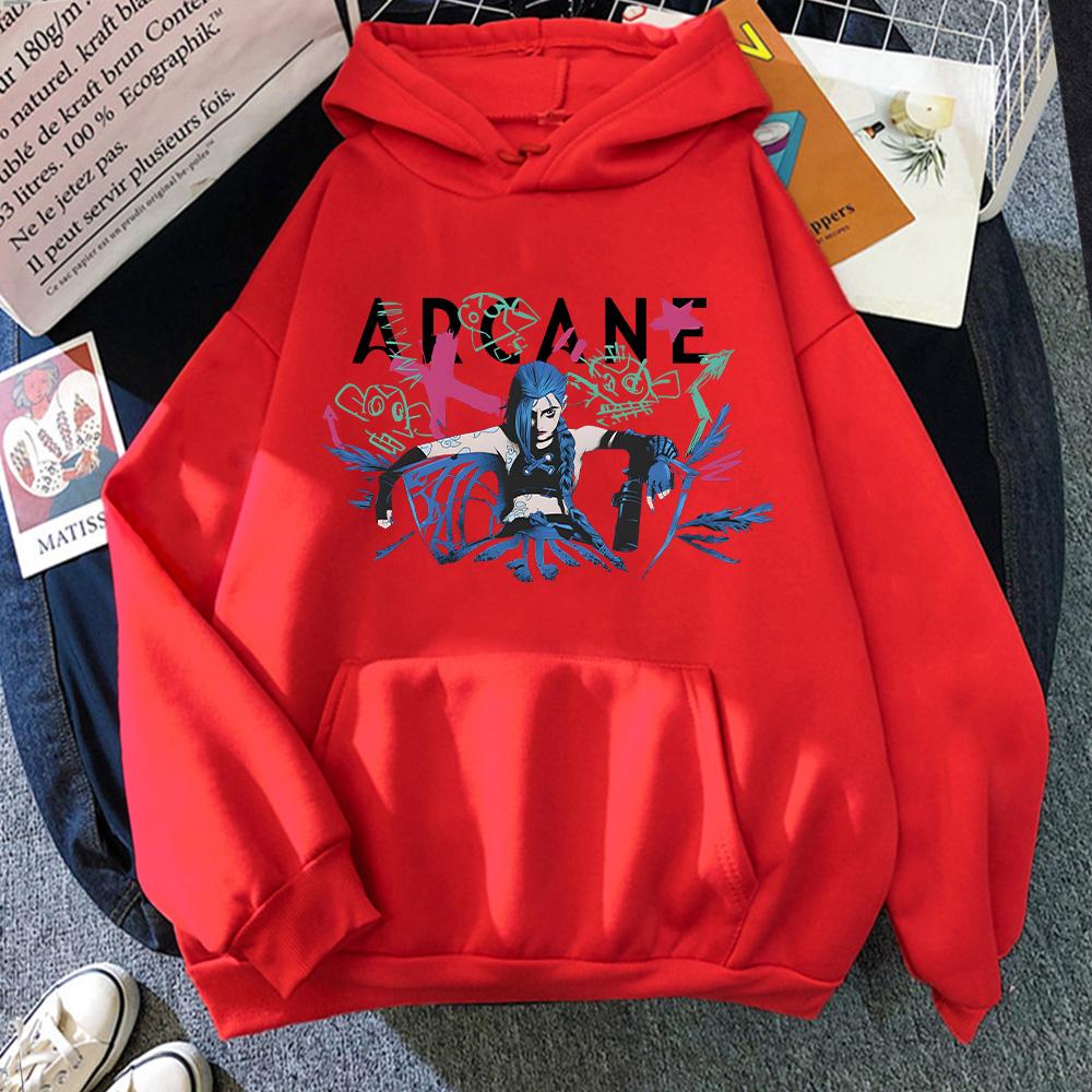 Горячая аниме-толстовка Arcane с капюшоном Arcane Jinx с графическим принтом, толстовки с длинным рукавом, унисекс, уличный свитер