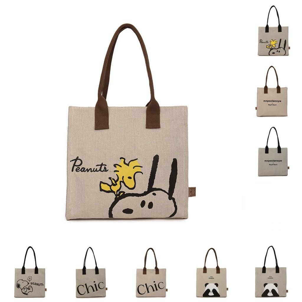 Large Capacity Panda Canvas Shoulder Bag Women Letter Cartoon Cute Tote Bag Street Fashion Shopping Bag