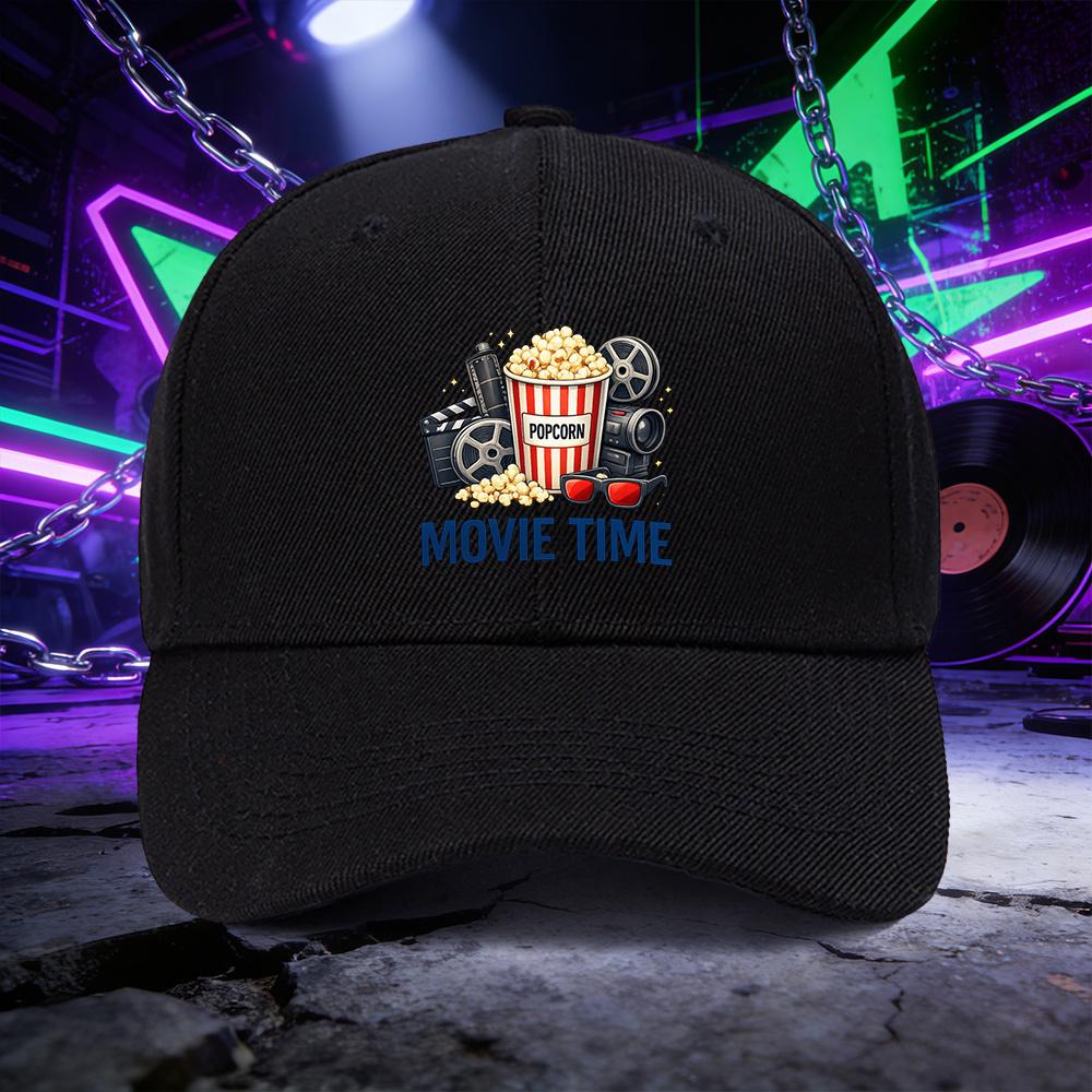 A Baseball Cap Featuring the MOVIE TIME Popcorn Design a Unisex Outdoor Sports Sun Hat Suitable for Couples Available in Mul