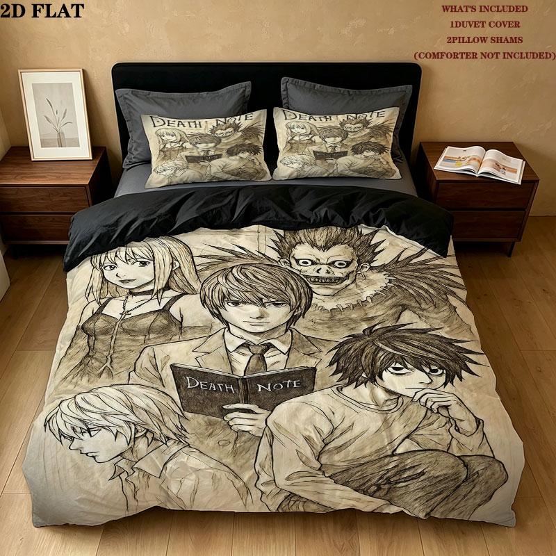 Death Note Pattern Bedding Quilt Set Quilt Cover Pillowcase Home Birthday Gift(1 * duvet cover + 2 * pillowcase, without core)