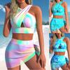 Women's Fashion Sexy Two Piece Bikini Swimsuit Padded Front Cross Top and Knot Anti-exposure Skirt Swimwear Set Printed Backless Tankini Bathing Suit