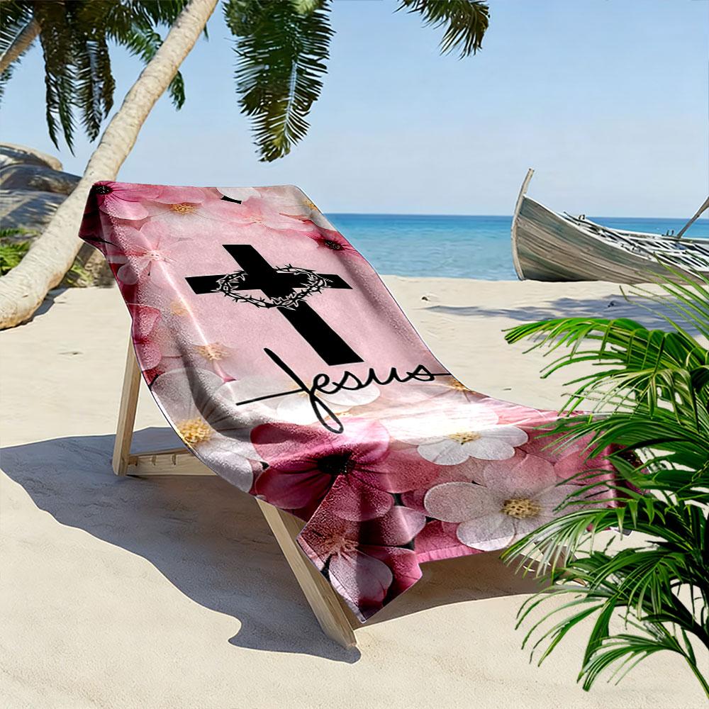 Floral Cross with Jesus Text Beach Towel Quick-drying for Travel Outdoor Sports Jogging Beach and Swimming