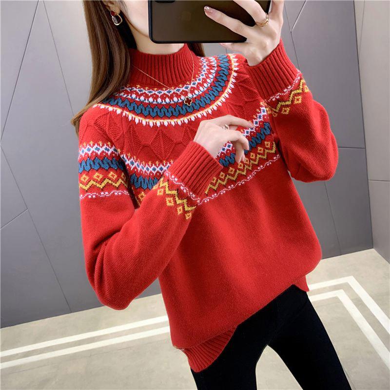 Свитер с высоким воротником, женский осенне-зимний комфорт и теплый принт внутри, повседневный универсальный эластичный пуловер, вязаный свитер, топы