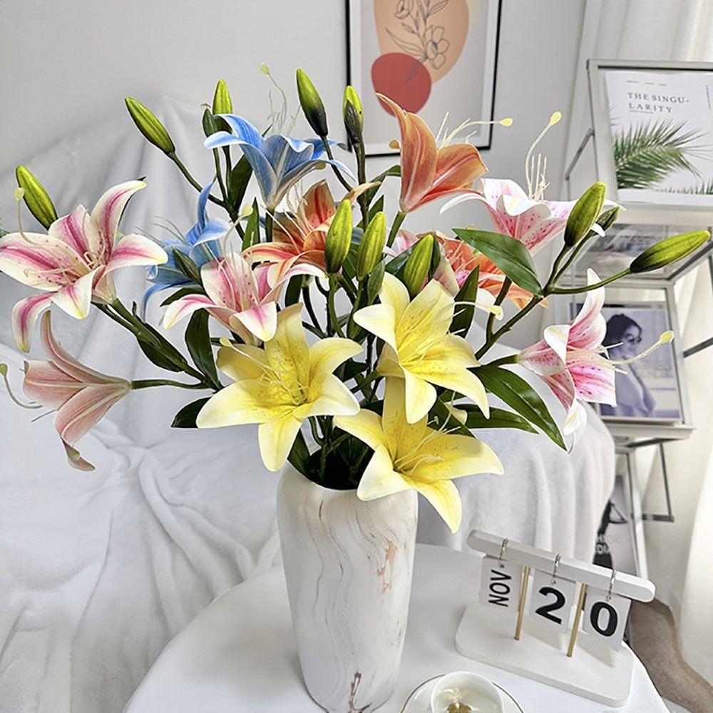 67cm Artificial Lily Flower 2 Heads Wedding Bridal Bouquet New Fake Lily Bouquet Living Room Decor