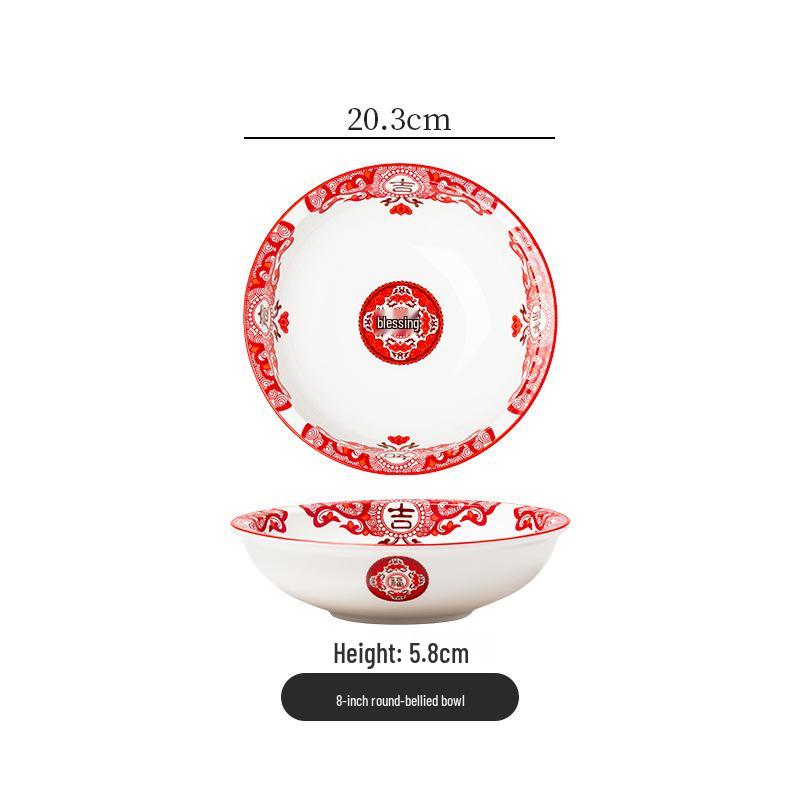 Retro Ceramic Soup & Noodle Bowl Set: Stir-fried Pork Bowl, Good Luck Stir-fry Plate, Snack Plate, Kitchen Utensils
