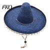 Decorative Straw Hat Mexican Sombrero with Colorful Poms, Hawaiian Style Woven Sun Hat, Wide Brim Lightweight Summer Beach Party Costume