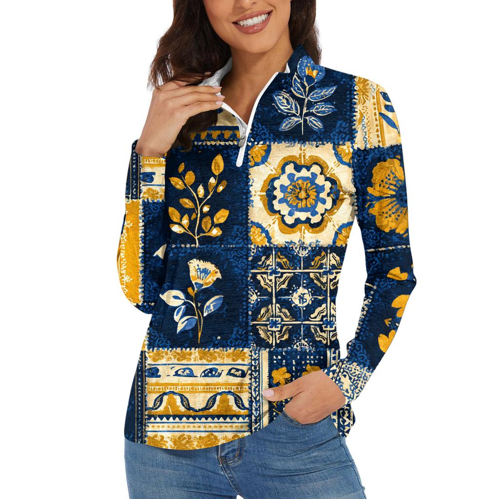 Women's Casual Fashion Retro Floral Print Long Sleeve Zipper Neck Top T-shirt