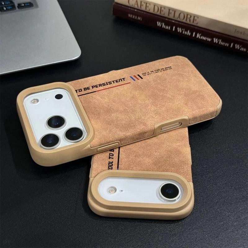 Simple trendy brand label suitable for Apple 16/17Promax mobile phone case IP15 autumn and winter 14pro large hole flip fur
