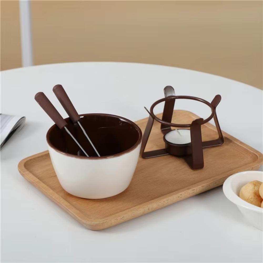 Ceramic Chocolate Cheese Fondue Cup with Fork Glazed Surface Tea Light Candle Butter Warmer Heat-resistant Mini