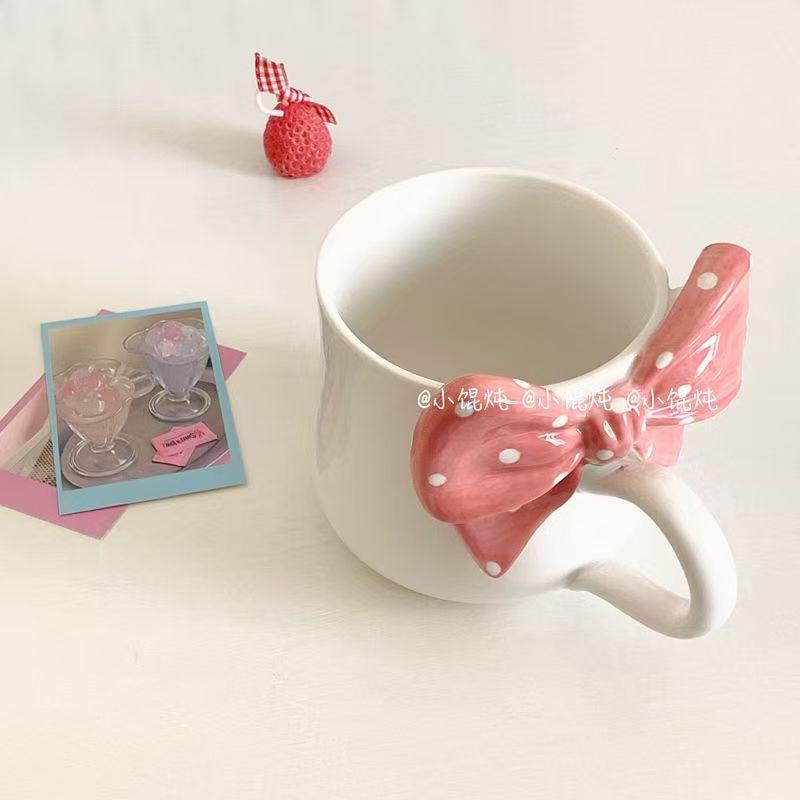 Bowknot Under Glazed Ceramic Coffee Mugs Beautiful Handmade Pocelain Tea Milk Cups Tableware Unique Hand Painted Pink Yellow