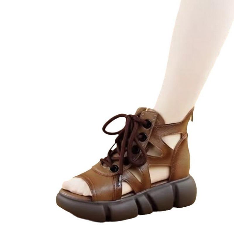 Летние женские сандалии в стиле ретро с толстой подошвой и ажурным носком «рыбий рот»