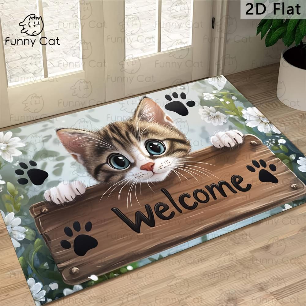 1pc, a Friendly Greeting with a Lovely Kitten! an Enchanting Doormat Showcasing a Cute Cat Peering Over a Wooden 'Welcome' Sign. Ideal for Animal Enth