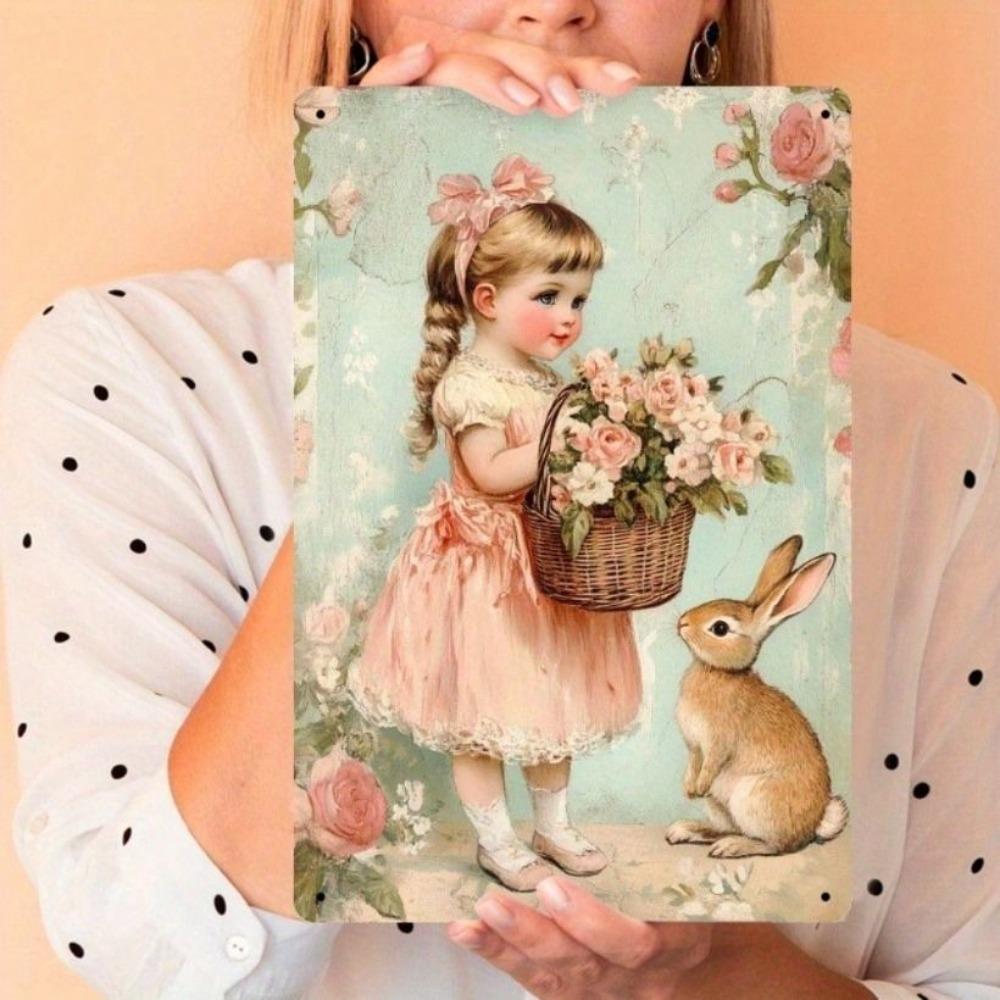 Винтажная металлическая табличка Кроличья Девочка 8x12 дюймов Жестяной знак Настенное искусство Декор