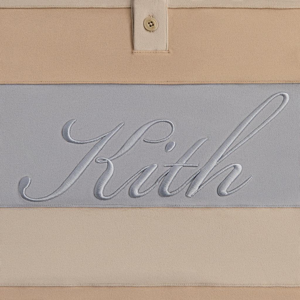 Kith Осень/Зима 24 Полосатый замшевый свитер Tanner Коллекция Осень 2024 Рубашка поло с длинным рукавом в американском стиле колледжа с надписями Мужские топы Песочный KHM032334-104