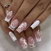 24 Pieces French Style 3D Rhinestones Butterfly Design White Floral Press On Nail Acrylic Nail for Fashionable Women