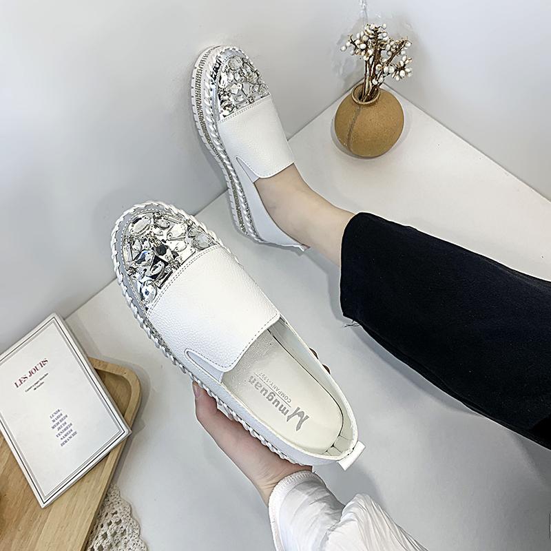 Fashion Aphixta Rhineston Round Toe Leather Flats Shoes Women White Bling Loafers Couple Platform Shoes Woman Chunky Sole Size 43