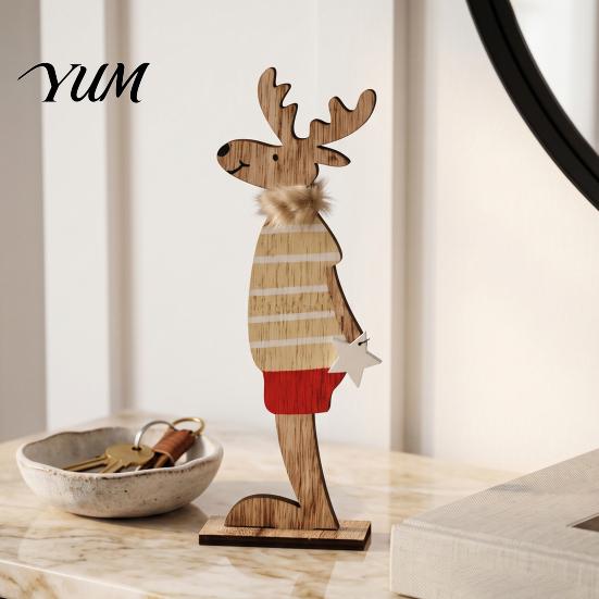 Small Festive Ornaments for Indoor Decor Wooden Christmas Reindeer Figurines, Handpainted Couple Elk Tabletop Ornaments, Rustic Xmas Vintage