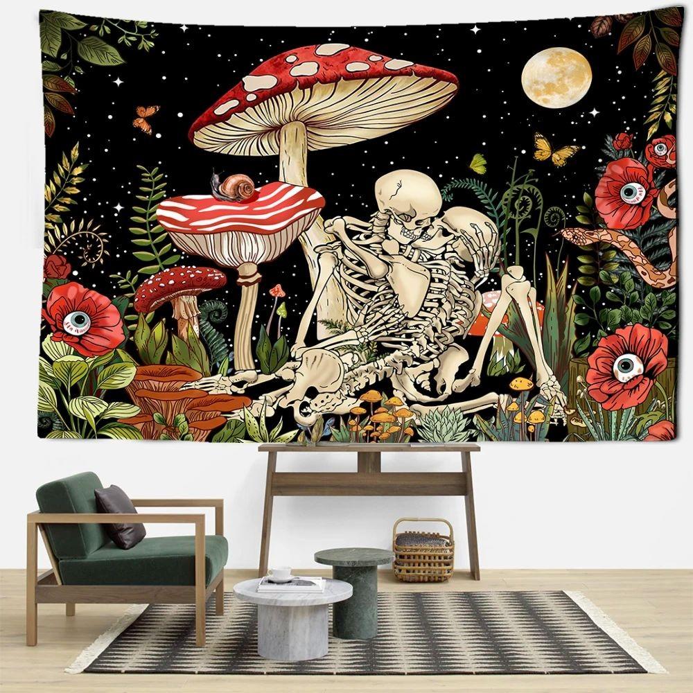 Tapestry Psychedelic Mushroom Skull Wall Art Hippie Floral Bedroom Decor Shimmering Living Room Dorm Hanging